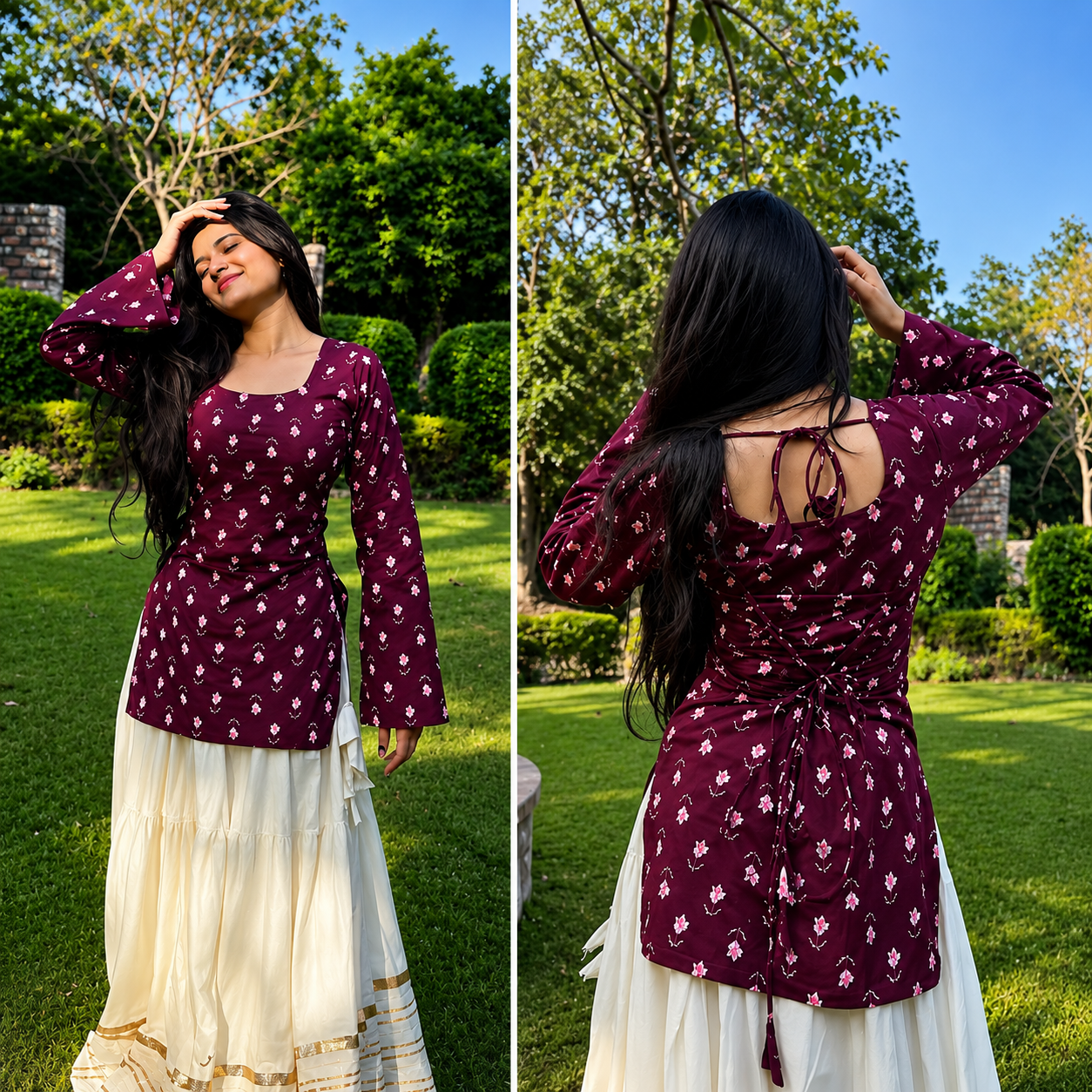 Women Maroon Short Kurti Cotton Square Neck Full Sleeve Back Dori Daily Wear Office Wear Printed Sty